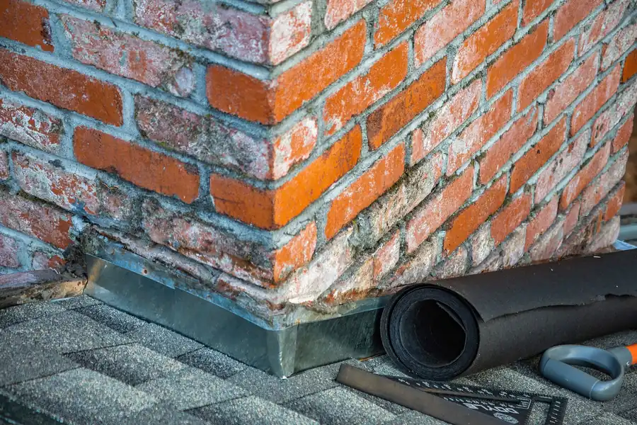 Brick building corner with black drainage pipe and rooftop shingles in the foreground