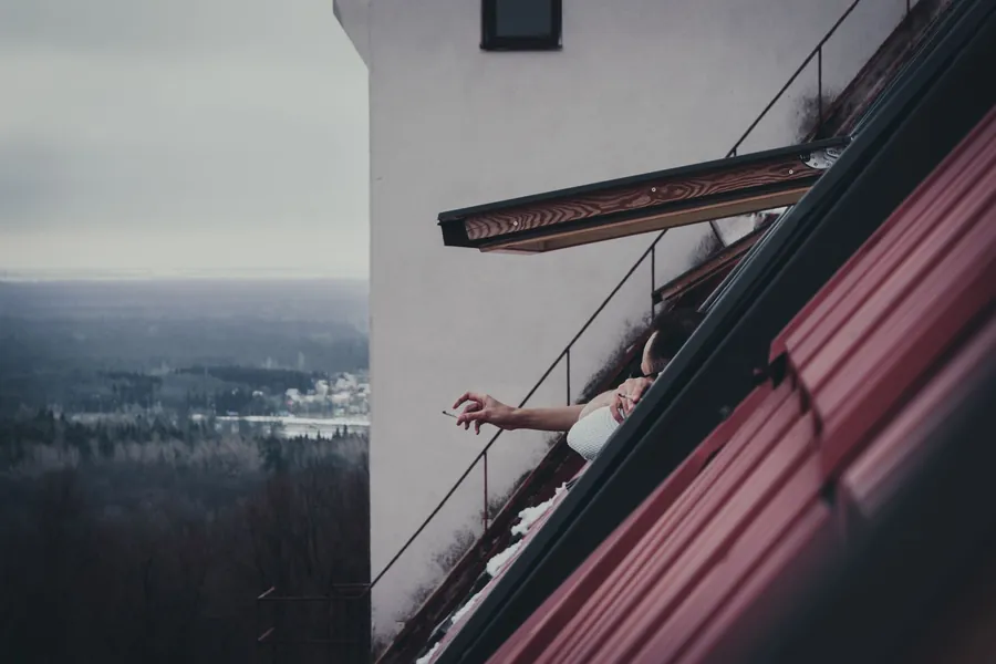 Person leaning out of a slanted rooftop window over a snowy landscape