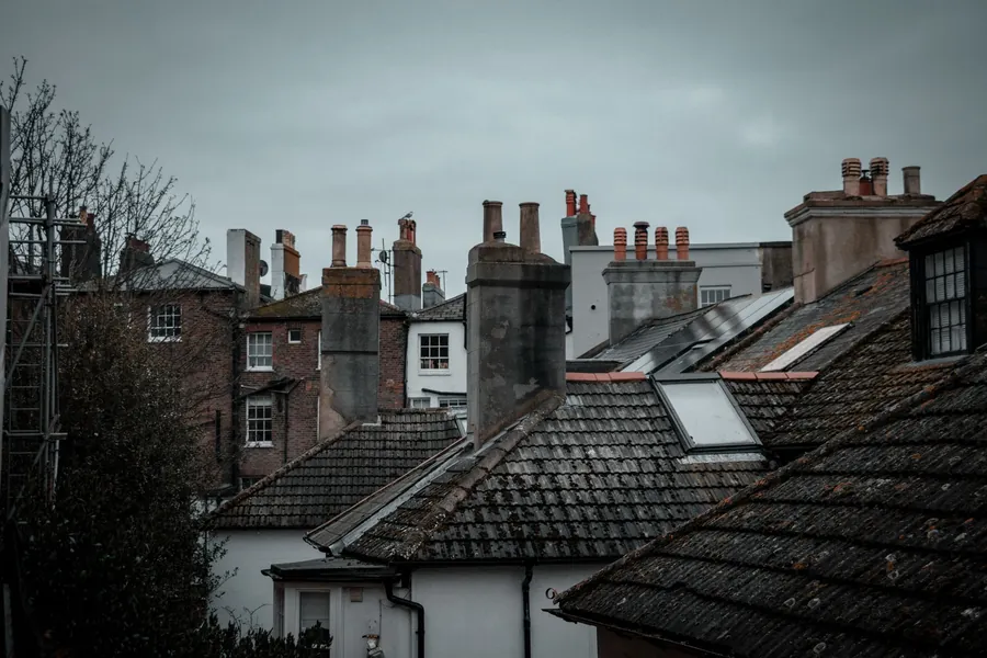 Rooftops with multiple brick chimneys under a gray overcast sky in a city neighborhood