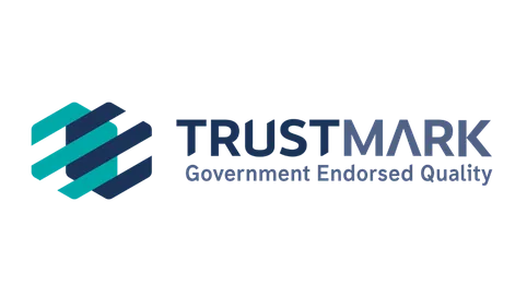 Trustmark logo: abstract geometric shape in blue and teal; text 